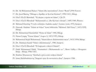 Fondacioni i Rinisë Islame — Cyrih www.islamischen.ch e-mail: info@islamischen.ch 103
16. Dr. Ali Muhammed Nakavi “Islami dhe nacionalizmi”, botoi “Rumi”,1994-Tetovë.
17. Dr. Jusuf Ramiq, “Shkaqet e shpalljes së Kur’ani Kerimit”, 1990/1411, Shkup.
18. Ebu’l A’la El-Mewdudi, “Të drejtat e njeriut në Islam”, f.26-29.
19. Ebu-l-A’la El-Mewdudi “Muhammedi a.s. dhe Kur’ani i shenjtë”, 1409/1989, Prizren.
20. Mehmed Hanxhiq “Uvod u tefsirsku i hadisku nauku”, botimi i tretë, 1972, Sarajevë.
21. Hamude Abdulati “Islami në fokus” botoi biblioteka “Mehmed Akif Ersoy”, 1413/1992,
Shkup.
22. Dr. Muhammed Hamidullah “Hyrje në Islam” 1985, Shkup.
23. Hasan Çengiq “Temat Islame”, Logos-A, 1413/1993, Shkup.
24. Muhammed Sejjid Muhammed, “Islami dënon diskriminimin racor”, 1415/1994, Shkup.
25. Dr. Abdulaziz Kamil “Islam i diskriminacija”, 1980, Sarajevë.
26. Ebu-l-A’la El-Mewdudi “Të kuptuarit e drejt të Islamit”,
27. Halid Muhammed Halid, “Humaniteti i Muhammedit a.s.”, Botoi Lidhja e Shoqatave
Ilmije - Shkup, 1990/1411.
28. Ibrahim Xhananoviç “Idztihad u prva cetiri stoljeca Islama”
29. Ismet Shehibrahimoviq “Snagom vjere do savrsenstva duse”, Sarajevë 1984.
 