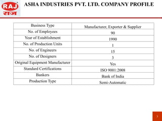 ASHA INDUSTRIES PVT. LTD. COMPANY PROFILE
3
Business Type Manufacturer, Exporter & Supplier
No. of Employees 90
Year of Establishment 1990
No. of Production Units 1
No. of Engineers 15
No. of Designers 3
Original Equipment Manufacturer Yes
Standard Certifications ISO 9001:2008
Bankers Bank of India
Production Type Semi-Automatic
 