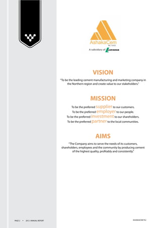 ASHAKACEM PLCPAGE 2 • 2012 ANNUAL REPORT
MISSION
To be the preferred supplierto our customers.
To be the preferred employe...