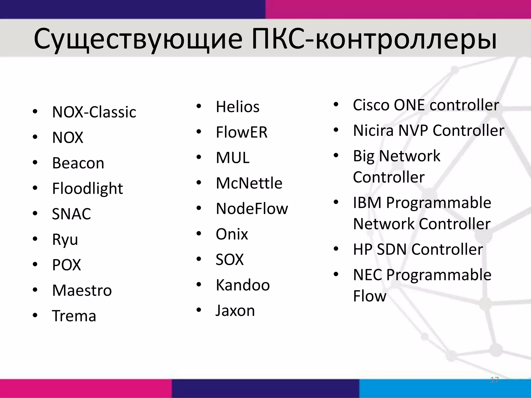 Существующие ПКС-контроллеры
•
•
•
•
•
•
•
•
•

NOX-Classic
NOX
Beacon
Floodlight
SNAC
Ryu
POX
Maestro
Trema

•
•
•
•
•
•
•
•
•

Helios
FlowER
MUL
McNettle
NodeFlow
Onix
SOX
Kandoo
Jaxon

• Cisco ONE controller
• Nicira NVP Controller
• Big Network
Controller
• IBM Programmable
Network Controller
• HP SDN Controller
• NEC Programmable
Flow

17

 