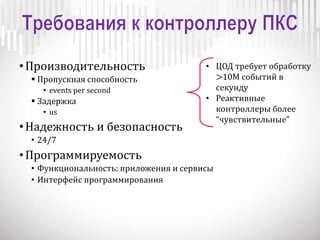 •Производительность
 Пропускная способность
• events per second
 Задержка
• us
•Надежность и безопасность
• 24/7
•Программируемость
• Функциональность: приложения и сервисы
• Интерфейс программирования
• ЦОД требует обработку
>10M событий в
секунду
• Реактивные
контроллеры более
“чувствительные”
 