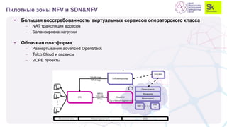 • Большая восстребованность виртуальных сервисов операторского класса
 NAT трансляция адресов
 Балансировка нагрузки
• Облачная платформа
 Развертывания advanced OpenStack
 Telco Cloud и сервисы
 VCPE проекты
Пилотные зоны NFV и SDN&NFV
 
