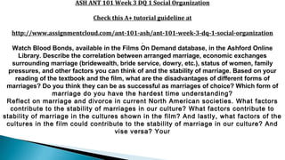 ASH ANT 101 Week 3 DQ 1 Social Organization
Check this A+ tutorial guideline at
http://www.assignmentcloud.com/ant-101-ash/ant-101-week-3-dq-1-social-organization
Watch Blood Bonds, available in the Films On Demand database, in the Ashford Online
Library. Describe the correlation between arranged marriage, economic exchanges
surrounding marriage (bridewealth, bride service, dowry, etc.), status of women, family
pressures, and other factors you can think of and the stability of marriage. Based on your
reading of the textbook and the film, what are the disadvantages of different forms of
marriages? Do you think they can be as successful as marriages of choice? Which form of
marriage do you have the hardest time understanding?
Reflect on marriage and divorce in current North American societies. What factors
contribute to the stability of marriages in our culture? What factors contribute to
stability of marriage in the cultures shown in the film? And lastly, what factors of the
cultures in the film could contribute to the stability of marriage in our culture? And
vise versa? Your
 
