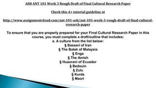 ASH ANT 101 Week 3 Rough Draft of Final Cultural Research Paper
Check this A+ tutorial guideline at
http://www.assignmentcloud.com/ant-101-ash/ant-101-week-3-rough-draft-of-final-cultural-
research-paper
To ensure that you are properly prepared for your Final Cultural Research Paper in this
course, you must complete a draft/outline that includes:
a. A culture from the list below:
§ Basseri of Iran
§ The Batek of Malaysia
§ Enga
§ The Amish
§ Huaorani of Ecuador
§ Bedouin
§ Zulu
§ Kurds
§ Maori
 