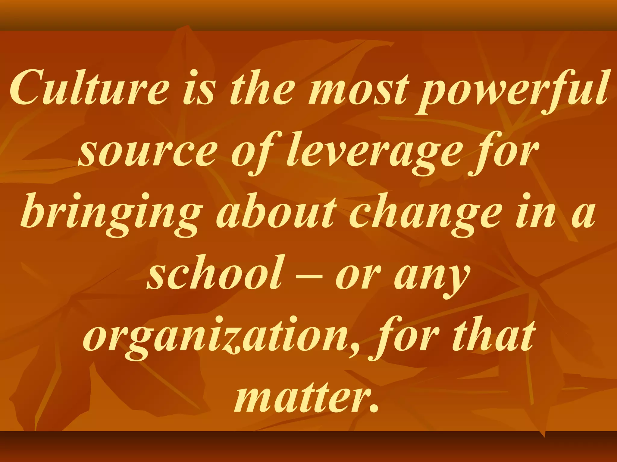 Culture is the most powerful
source of leverage for
bringing about change in a
school – or any
organization, for that
matter.

 
