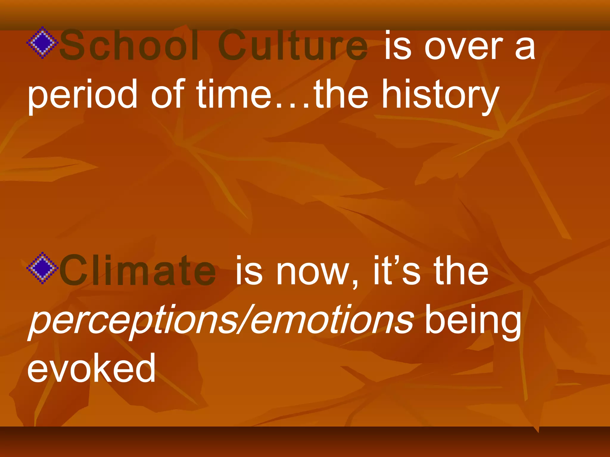 School Culture is over a
period of time…the history

Climate is now, it’s the
perceptions/emotions being
evoked

 