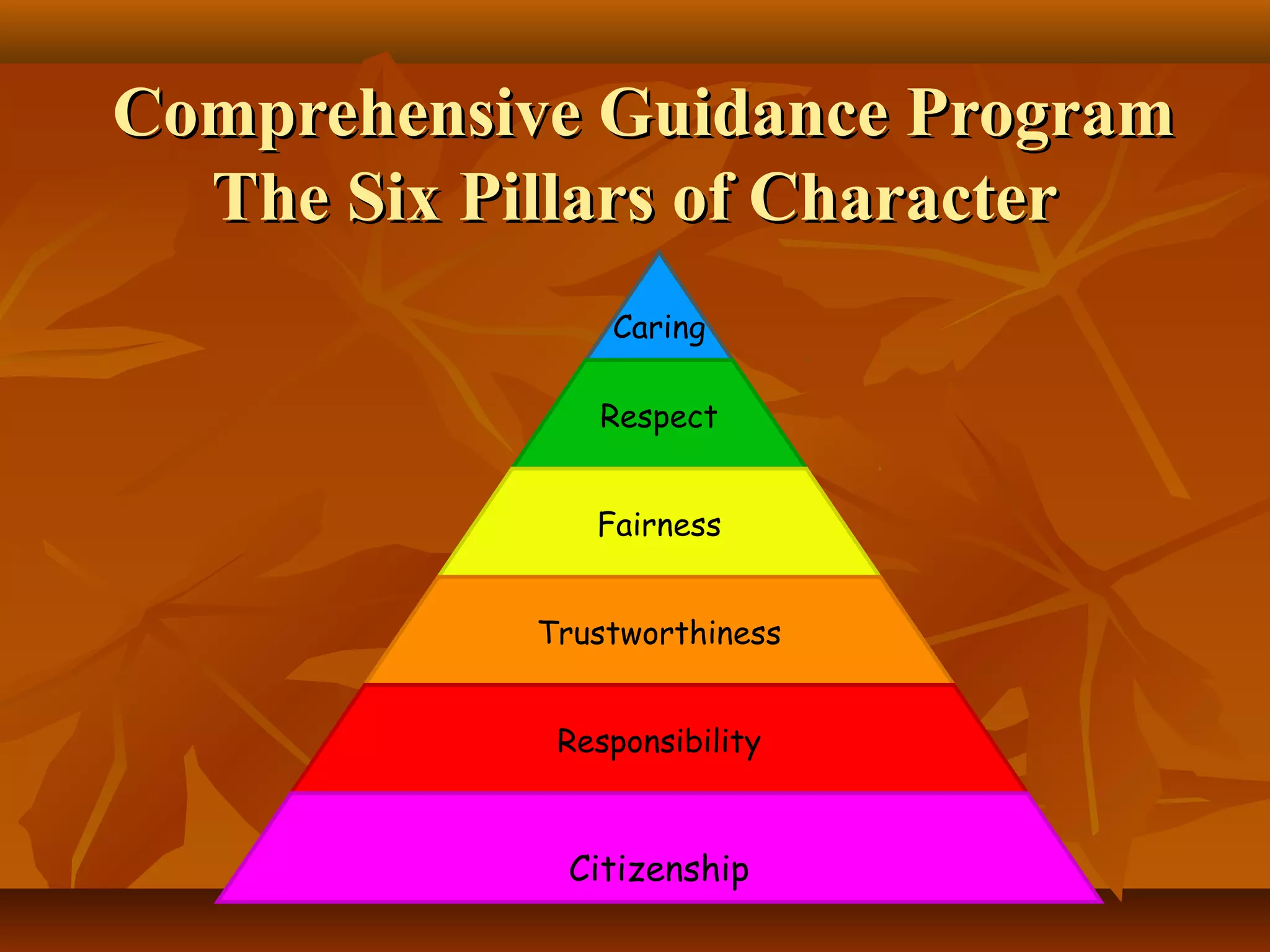 Comprehensive Guidance Program
The Six Pillars of Character
Caring
Respect
Fairness
Trustworthiness
Responsibility

Citizenship

 