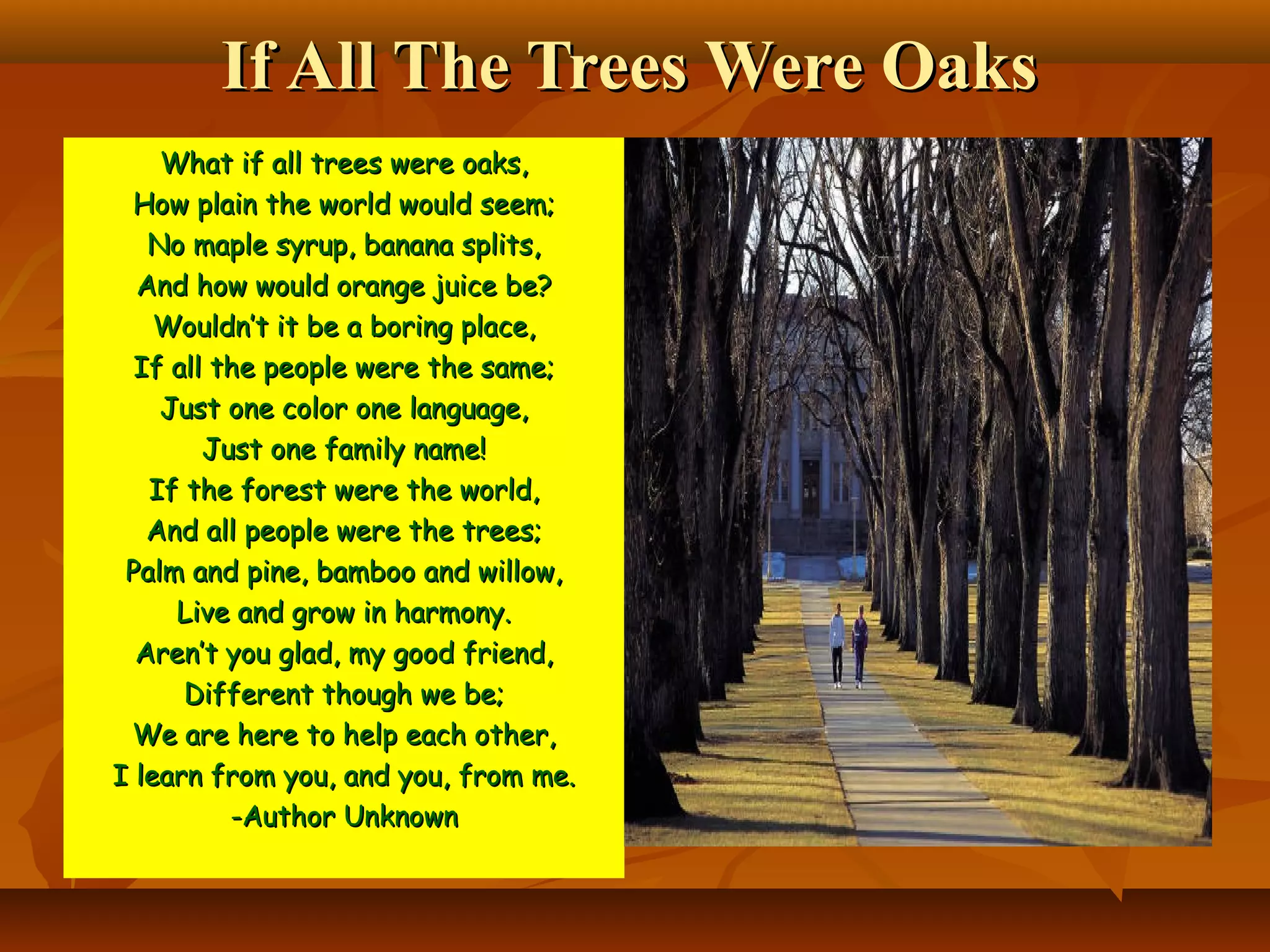 If All The Trees Were Oaks
What if all trees were oaks,
How plain the world would seem;
No maple syrup, banana splits,
And how would orange juice be?
Wouldn’t it be a boring place,
If all the people were the same;
Just one color one language,
Just one family name!
If the forest were the world,
And all people were the trees;
Palm and pine, bamboo and willow,
Live and grow in harmony.
Aren’t you glad, my good friend,
Different though we be;
We are here to help each other,
I learn from you, and you, from me.
-Author Unknown

 
