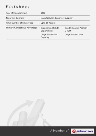A Member of
F a c t s h e e t
Year of Establishment : 1982
Nature of Business : Manufacturer, Exporter, Supplier
Total Number of Employees : Upto 10 People
Primary Competitive Advantage : Experienced R & D
Department
Good Financial Position
& TQM
Large Production
Capacity
Large Product Line
 