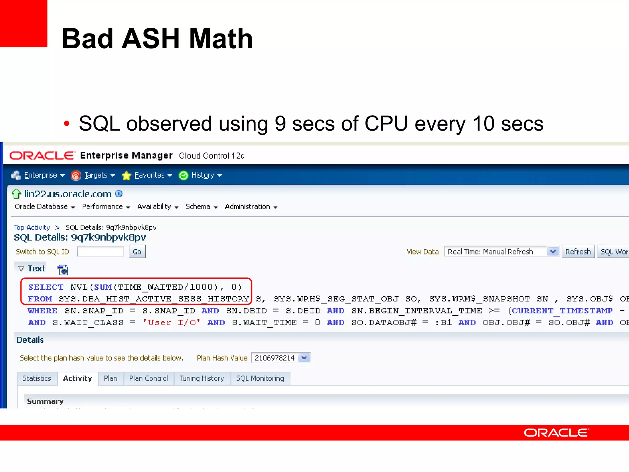 Bad ASH Math
• SQL observed using 9 secs of CPU every 10 secs
 