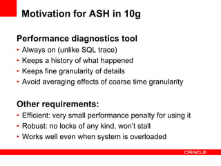 Motivation for ASH in 10g
Performance diagnostics tool
• Always on (unlike SQL trace)
• Keeps a history of what happened
•...