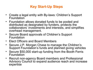Key Start-Up Steps Create a legal entity with By-laws: Children’s Support Foundation Foundation allows donated funds to be pooled and distributed as designated by funders, protects the collaborators’ investments and interests, and simplifies overhead management.  Secure Board approvals of Children’s Support Foundation  Elect Officers and Board Members  Secure J.P. Morgan Chase to manage the Children’s Support Foundation’s funds and planned giving vehicles Secure $50,000 start-up funding from the Booth Ferris Foundation  Recruit non-agency Board members and Professional Advisory Council to expand audience reach and increase expertise 