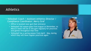 Athletics
• Volleyball Coach / Assistant Athletics Director /
Compliance Coordinator: Merry Graf
• Office is located near gym East entrance
• Volleyball fall season goes from August to November, so
Merry’s team will be in the gym regularly for practices
and games throughout that time
• Volleyball has a spring season from April – May, during
which they will have regular practices again
 