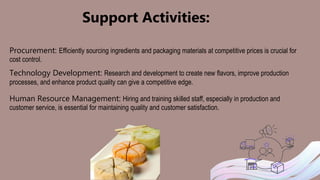 Support Activities:
Procurement: Efficiently sourcing ingredients and packaging materials at competitive prices is crucial for
cost control.
Technology Development: Research and development to create new flavors, improve production
processes, and enhance product quality can give a competitive edge.
Human Resource Management: Hiring and training skilled staff, especially in production and
customer service, is essential for maintaining quality and customer satisfaction.
 