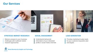 Boost Business by Insights and Technology
Our Services
Delivers answers to your business
challenges with multitude market
research approaches
STRATEGIC MARKET RESEARCH
Understands behavioral
information of your interested
profile in social media channels
SOCIAL ENGAGEMENT
Provides marketing & sales leads
for your customer acquisition plan
and targets
LEAD GENERATION
 