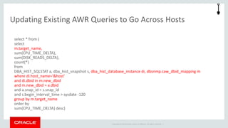 Updating Existing AWR Queries to Go Across Hosts 
select * from ( 
select 
m.target_name, 
sum(CPU_TIME_DELTA), 
sum(DISK_READS_DELTA), 
count(*) 
from 
DBA_HIST_SQLSTAT a, dba_hist_snapshot s, dba_hist_database_instance di, dbsnmp.caw_dbid_mapping m 
where di.host_name='&host' 
and di.dbid in m.new_dbid 
and m.new_dbid = a.dbid 
and a.snap_id = s.snap_id 
and s.begin_interval_time > sysdate -120 
group by m.target_name 
order by 
sum(CPU_TIME_DELTA) desc) 
Copyright © 2014 Oracle and/or its affiliates. All rights reserved. | 
 