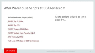 AWR Warehouse Scripts at DBAKevlar.com 
More scripts added as time 
goes by… 
Copyright © 2014 Oracle and/or its affiliates. All rights reserved. | 
Oracle Confidential 110 
 