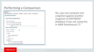 Copyright © 2014 Oracle and/or its affiliates. All rights reserved. | 
Performing a Comparison 
Yes, you can compare one 
snapshot against another 
snapshot in DIFFERENT 
database if you are using this 
in AWR Warehouse!  
Oracle Confidential 20 
 