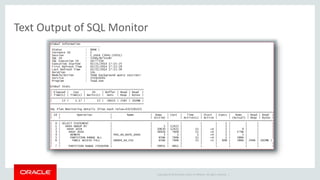 Copyright © 2014 Oracle and/or its affiliates. All rights reserved. | 
Text Output of SQL Monitor 
 