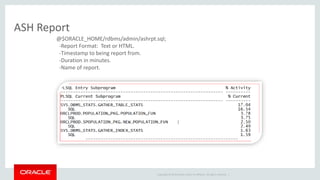 Copyright © 2014 Oracle and/or its affiliates. All rights reserved. | 
ASH Report 
@$ORACLE_HOME/rdbms/admin/ashrpt.sql; 
-Report Format: Text or HTML. 
-Timestamp to being report from. 
-Duration in minutes. 
-Name of report. 
 