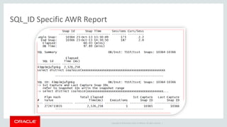 Copyright © 2014 Oracle and/or its affiliates. All rights reserved. | 
SQL_ID Specific AWR Report 
 