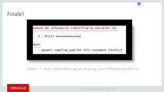 Copyright © 2014 Oracle and/or its affiliates. All rights reserved. | 
Finale! 
Select * from table(dbms_xplan.display_awr(‘43mp3mjufgnkg’)); 
 