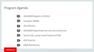 Copyright © 2014 Oracle and/or its affiliates. All rights reserved. | 
Program Agenda 
1 
2 
3 
4 
5 
ASH/AWR Reports in EM12c 
Compare ADDM 
SQL Monitor 
ASH/AWR Reporting from the Command Line 
Search SQL, (Least Used Feature of EM) 
ASH Queries 
AWR Warehouse 
Oracle Confidential 5 
6 
7 
 