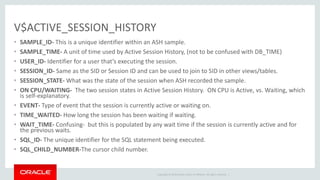 V$ACTIVE_SESSION_HISTORY 
• SAMPLE_ID- This is a unique identifier within an ASH sample. 
• SAMPLE_TIME- A unit of time used by Active Session History, (not to be confused with DB_TIME) 
• USER_ID- Identifier for a user that’s executing the session. 
• SESSION_ID- Same as the SID or Session ID and can be used to join to SID in other views/tables. 
• SESSION_STATE- What was the state of the session when ASH recorded the sample. 
• ON CPU/WAITING- The two session states in Active Session History. ON CPU is Active, vs. Waiting, which 
is self-explanatory. 
• EVENT- Type of event that the session is currently active or waiting on. 
• TIME_WAITED- How long the session has been waiting if waiting. 
• WAIT_TIME- Confusing- but this is populated by any wait time if the session is currently active and for 
the previous waits. 
• SQL_ID- The unique identifier for the SQL statement being executed. 
• SQL_CHILD_NUMBER-The cursor child number. 
Copyright © 2014 Oracle and/or its affiliates. All rights reserved. | 
 