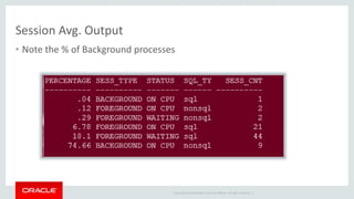 Session Avg. Output 
• Note the % of Background processes 
Copyright © 2014 Oracle and/or its affiliates. All rights reserved. | 
 