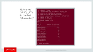 Copyright © 2014 Oracle and/or its affiliates. All rights reserved. | 
Query top 
10 SQL_ID’s 
in the last 
10 minutes? 
 