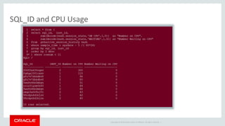 Copyright © 2014 Oracle and/or its affiliates. All rights reserved. | 
SQL_ID and CPU Usage 
 