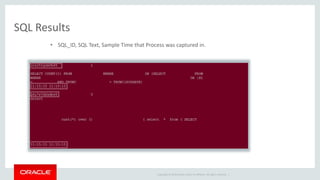 Copyright © 2014 Oracle and/or its affiliates. All rights reserved. | 
SQL Results 
• SQL_ID, SQL Text, Sample Time that Process was captured in. 
 