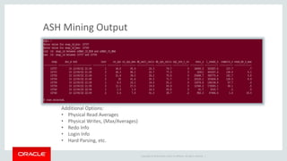 Copyright © 2014 Oracle and/or its affiliates. All rights reserved. | 
ASH Mining Output 
Additional Options: 
• Physical Read Averages 
• Physical Writes, (Max/Averages) 
• Redo Info 
• Login Info 
• Hard Parsing, etc. 
 