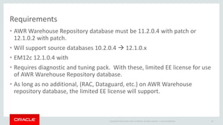 Requirements 
• AWR Warehouse Repository database must be 11.2.0.4 with patch or 
12.1.0.2 with patch. 
• Will support source databases 10.2.0.4  12.1.0.x 
• EM12c 12.1.0.4 with 
• Requires diagnostic and tuning pack. With these, limited EE license for use 
of AWR Warehouse Repository database. 
• As long as no additional, (RAC, Dataguard, etc.) on AWR Warehouse 
repository database, the limited EE license will support. 
Copyright © 2014 Oracle and/or its affiliates. All rights reserved. | 
Oracle Confidential 81 
 
