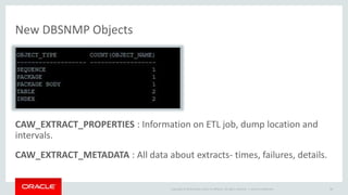 Copyright © 2014 Oracle and/or its affiliates. All rights reserved. | 
New DBSNMP Objects 
CAW_EXTRACT_PROPERTIES : Information on ETL job, dump location and 
intervals. 
CAW_EXTRACT_METADATA : All data about extracts- times, failures, details. 
Oracle Confidential 86 
 