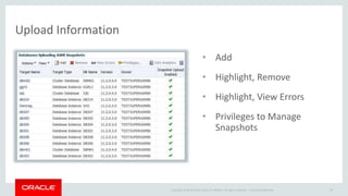 Copyright © 2014 Oracle and/or its affiliates. All rights reserved. | 
Upload Information 
• Add 
• Highlight, Remove 
• Highlight, View Errors 
• Privileges to Manage 
Snapshots 
Oracle Confidential 94 
 