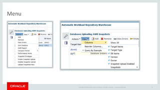 Copyright © 2014 Oracle and/or its affiliates. All rights reserved. | 
Menu 
Oracle Confidential 97 
 