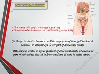  पित्त िक्वाशययोः अन्तरे गभामशय (अ.सां.शा.५/११३)
 पित्तिक्वाशययोममध्येगभमशय्या, यत्र गभमस्स्तष्ठतत |(su.sha.5|59)
Garbhasya is situated between the Pittashaya (area of liver ,gall bladder &
pancreas) & Pakvashaya (lower part of alimentary canal).
Pittashaya is located in upper quadrant of abdominal cavity whereas some
part of pakvashaya located in lower quadrant & some in pelvic cavity.
Location of Garbhashaya
 