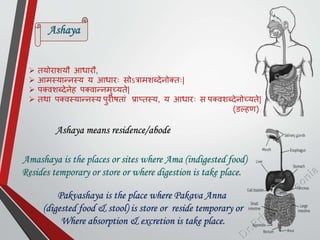  तयोराशयौ आिारौ,
 आमस्यान्नस्य य आिारः सोऽत्रामशब्देनोक्तः|
 िक्वशब्देनेह िक्वान्नमुच्यते|
 तथा िक्वस्यान्नस्य िुरीषताां प्राप्तस्य, य आिारः स िक्वशब्देनोच्यते|
(डल्हण)
Ashaya means residence/abode
Amashaya is the places or sites where Ama (indigested food)
Resides temporary or store or where digestion is take place.
Pakvashaya is the place where Pakava Anna
(digested food & stool) is store or reside temporary or
Where absorption & excretion is take place.
Ashaya
 