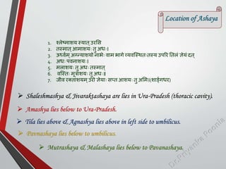 1. श्लेष्माशय स्यात्उरशस
2. तस्मात्आमाशयः तु अिः।
3. ऊध्वमम्अग्नन्याशयो नाभेः वाम भागे व्यवस्स्थतःतस्य उिरर ततलां ज्ञेयां दत्
4. अिः िवनाशयः।
5. मलाशयः तु अिः तस्मात्
6. वस्स्तः मूत्राशयः तु अिः॥
7. जीव रक्ताशयम्उरो ज्ञेयाः सप्त आशयः तु अशम।(शार्ङमगिर)
Location of Ashaya
 Shaleshmashya & Jivaraktashaya are lies in Ura-Pradesh (thoracic cavity).
 Amashya lies below to Ura-Pradesh.
 Tila lies above & Agnashya lies above in left side to umbilicus.
 Pavnashaya lies below to umbilicus.
 Mutrashaya & Malashaya lies below to Pavanashaya.
 