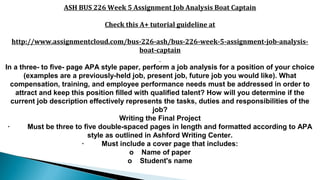 ASH BUS 226 Week 5 Assignment Job Analysis Boat Captain
Check this A+ tutorial guideline at
http://www.assignmentcloud.com/bus-226-ash/bus-226-week-5-assignment-job-analysis-
boat-captain
In a three- to five- page APA style paper, perform a job analysis for a position of your choice
(examples are a previously-held job, present job, future job you would like). What
compensation, training, and employee performance needs must be addressed in order to
attract and keep this position filled with qualified talent? How will you determine if the
current job description effectively represents the tasks, duties and responsibilities of the
job?
Writing the Final Project
· Must be three to five double-spaced pages in length and formatted according to APA
style as outlined in Ashford Writing Center.
· Must include a cover page that includes:
o Name of paper
o Student's name
 