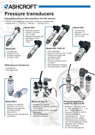 Pressure transducers with polysilicon thin film element
•	 Internal or flush diaphragm, all process wetted parts stainless steel
•	 Ranges from -1 ... 0 up to 0 ... 1400 bar   •   Accuracy 0,5 %
Pressure transducers
Model KXD
•	 Standard execution
•	 Output 0 / 4-20 mA,
	 0-5 / 10 VDC
•	 Optional intrinsically safe
	 according to ATEX
	 EEx ib IIC
	 T5/T6
OEM pressure transducers
•	 Compact size
•	 Favourable price
Pressure transducers 	
model A2, A2X and A4
•	 Ranges 0 ... 350 mbar up to
	 0 ... 600 bar gauge or 0 ... 1 up
	 to 0 ... 500 bar absolute
•	 Accuracy 1 %, 0,5 %, 0,25 %
•	 Optional temperature
	 compensated -40 ... 120 °C
•	 Output 4-20 mA or voltage
•	 Threaded process connection
	 with internal diaphragm or flush
	 diaphragm with Tri-Clamp
	 sanitary connection
•	 UL, FM and CSA approval
Model KXK
•	 Compact size
•	 Accuracy 1 %
•	 Output 0 / 4-20 mA,
	 0-5 / 10 VDC
Model G2 and T2
• 	Ranges up to 1400 bar
•	 Accuracy 1 % Total Error Brand or
	 0,25 % BFSL
•	 Output signal 4-20 mA, ratiometric
	 and voltage
•	 Various process and
	 electrical connections
Model KM11
•	 Ranges up to 2500 bar
•	 Accuracy 1 % or 0,5 %
•	 Optional intrinsically safe
	 according to ATEX
	 EEx ia IIC T4
•	 Various process and electrical
	 connections
Model KX1
•	 Compact size
•	 Output 4-20 mA
•	 Process connection
	 G¼ B or ¼ NPT
Model KXF / KXF-HT
•	 Flush diaphragm
•	 Output 0 / 4-20 mA, 0-5 / 10 VDC
• 	Optional intrinsically safe
	 according to ATEX
	 EEx ib IIC T5/T6
•	 Process connection G½ B
	 or ½ NPT
•	 High temperature execution
	 for process temp. to 200°C
ASHCROFT
®
 
