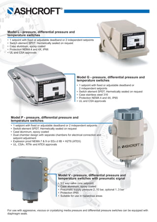 Model G - pressure, differential pressure and 	
temperature switches
•	 1 setpoint with fixed or adjustable deadband or  
	 2 independent setpoints
•	 Switch element SPDT. Hermetically sealed on request
•	 Case stainless steel 316
• 	Protection NEMA 4 and 4X, IP65
•	 UL and CSA approvals
Model V - pressure, differential pressure and 		
temperature switches with pneumatic signal
•	 5/2 way valve (one setpoint)
•	 Case aluminum, epoxy coated
•	 Pneumatic supply pressure 2..10 bar, optional 1..3 bar
•	 Protection IP65
•	 Suitable for use in hazardous areas
For use with aggressive, viscous or crystalizing media pressure and differential pressure switches can be equipped with
diaphragm seals.
Model L - pressure, differential pressure and 			
temperature switches
•	 1 setpoint with fixed or adjustable deadband or 2 independent setpoints
•	 Switch element SPDT. Hermetically sealed on request
•	 Case aluminum, epoxy coated
•	 Protection NEMA 4 and 4X, IP66
•	 UL and CSA approvals
Model P - pressure, differential pressure and 			
temperature switches
•	 1 setpoint with fixed or adjustable deadband or 2 independent setpoints
•	 Switch element SPDT. Hermetically sealed on request
•	 Case aluminum, epoxy coated
•	 Dual chamber design with separate chambers for electrical connection and 	 	
	 setpoint adjustment
•	 Explosion proof NEMA 7 & 9 or EEx d IIB + H2T6 (ATEX)
•	 UL, CSA-, RTN- and ATEX approvals
ASHCROFT
®
 
