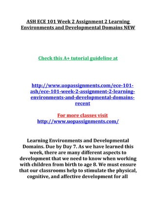ASH ECE 101 Week 2 Assignment 2 Learning
Environments and Developmental Domains NEW
Check this A+ tutorial guideline at
http://www.uopassignments.com/ece-101-
ash/ece-101-week-2-assignment-2-learning-
environments-and-developmental-domains-
recent
For more classes visit
http://www.uopassignments.com/
Learning Environments and Developmental
Domains. Due by Day 7. As we have learned this
week, there are many different aspects to
development that we need to know when working
with children from birth to age 8. We must ensure
that our classrooms help to stimulate the physical,
cognitive, and affective development for all
 