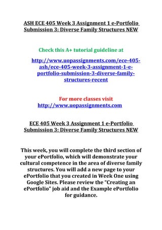 ASH ECE 405 Week 3 Assignment 1 e-Portfolio
Submission 3: Diverse Family Structures NEW
Check this A+ tutorial guideline at
http://www.uopassignments.com/ece-405-
ash/ece-405-week-3-assignment-1-e-
portfolio-submission-3-diverse-family-
structures-recent
For more classes visit
http://www.uopassignments.com
ECE 405 Week 3 Assignment 1 e-Portfolio
Submission 3: Diverse Family Structures NEW
This week, you will complete the third section of
your ePortfolio, which will demonstrate your
cultural competence in the area of diverse family
structures. You will add a new page to your
ePortfolio that you created in Week One using
Google Sites. Please review the “Creating an
ePortfolio” job aid and the Example ePortfolio
for guidance.
 