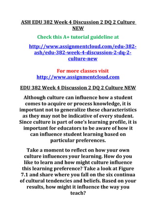 ASH EDU 382 Week 4 Discussion 2 DQ 2 Culture
NEW
Check this A+ tutorial guideline at
http://www.assignmentcloud.com/edu-382-
ash/edu-382-week-4-discussion-2-dq-2-
culture-new
For more classes visit
http://www.assignmentcloud.com
EDU 382 Week 4 Discussion 2 DQ 2 Culture NEW
Although culture can influence how a student
comes to acquire or process knowledge, it is
important not to generalize these characteristics
as they may not be indicative of every student.
Since culture is part of one’s learning profile, it is
important for educators to be aware of how it
can influence student learning based on
particular preferences.
Take a moment to reflect on how your own
culture influences your learning. How do you
like to learn and how might culture influence
this learning preference? Take a look at Figure
7.1 and share where you fall on the six continua
of cultural tendencies and beliefs. Based on your
results, how might it influence the way you
teach?
 