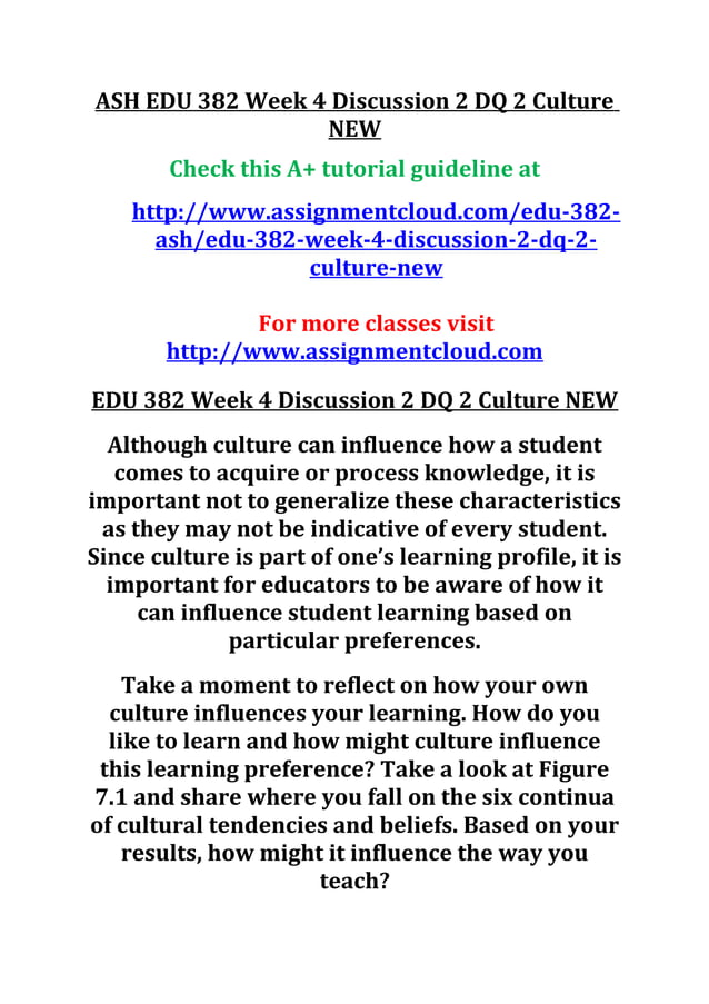 Ash edu 382 week 4 discussion 2 dq 2 culture new | PDF
