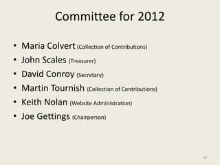 Committee Election for 2013
• Maria Colvert(Collection of Contributions)
• John Scales (Treasurer)
• David Conroy (Secretary)
• Martin Tourish (Collection of Contributions)
• Keith Nolan (Website Administration)
• Joe Gettings (Chairperson)
10
 