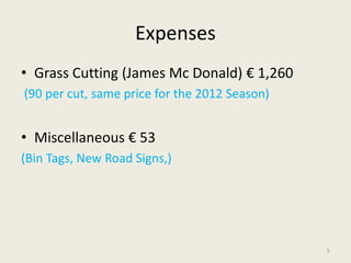 Expenses
• Grass Cutting (James Mc Donald) € 1,260
(90 per cut, same price for the 2012 Season)
• Miscellaneous € 53
(Bin Tags, New Road Signs,)
5
 