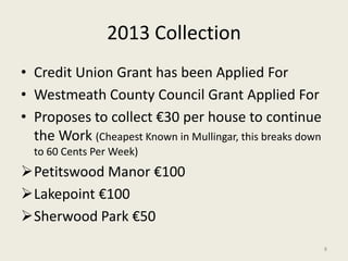 2013 Collection
• Credit Union Grant has been Applied For
• Westmeath County Council Grant Applied For
• Proposes to collect €30 per house to continue
the Work (Cheapest Known in Mullingar, this breaks down
to 60 Cents Per Week)
Petitswood Manor €100
Lakepoint €100
Sherwood Park €50
8
 
